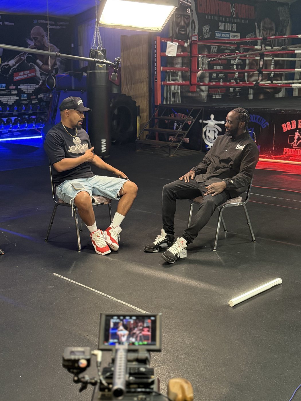 Interview set inside a boxing gym with Crawford fight posters