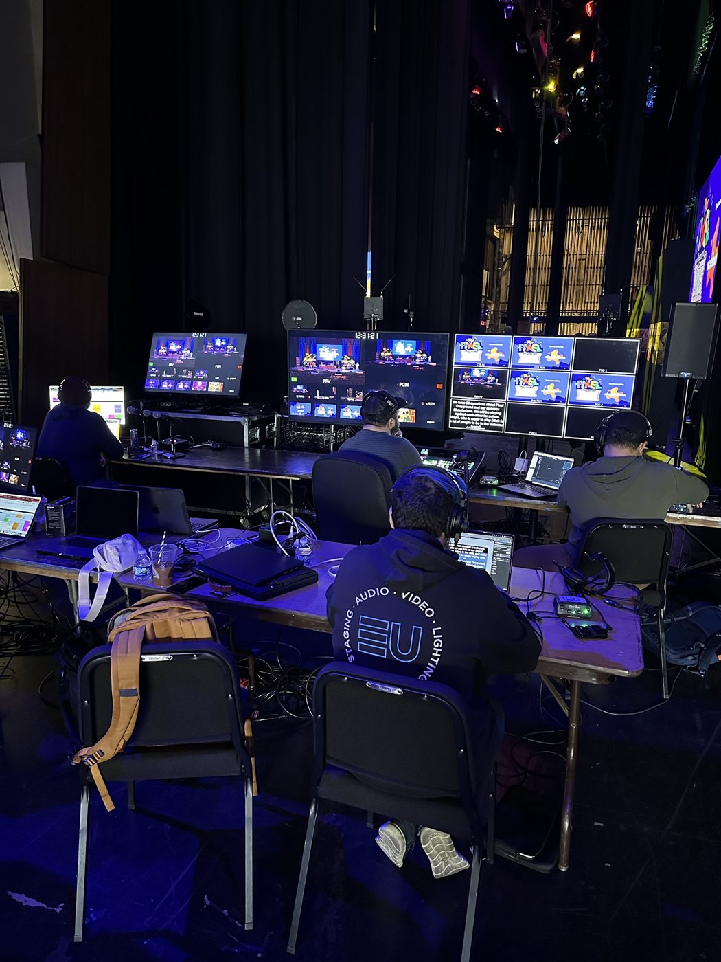 Live production control area backstage at Pixel Playground Live with switchers and multiview monitors